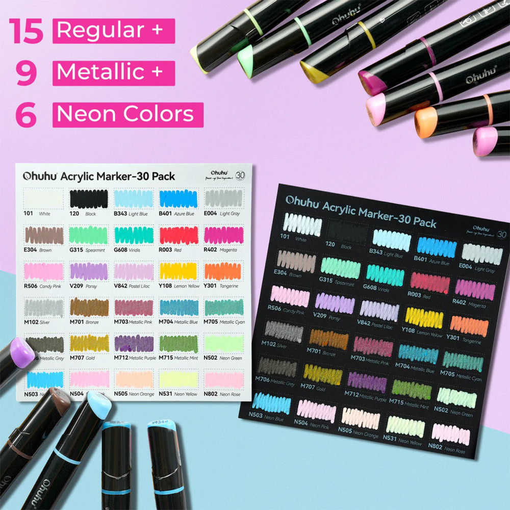 Ohuhu Acrylic Markers Σετ 30 Ανεξίτηλων Ακρυλικών Μαρκαδόρων Διπλής Μύτης - Image 5
