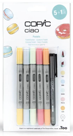 Σετ μαρκαδόρων Too Copic Ciao- Παστέλ αποχρώσεις, 5 χρώματα + 1 μαύρο multi liner, 0,3 mm