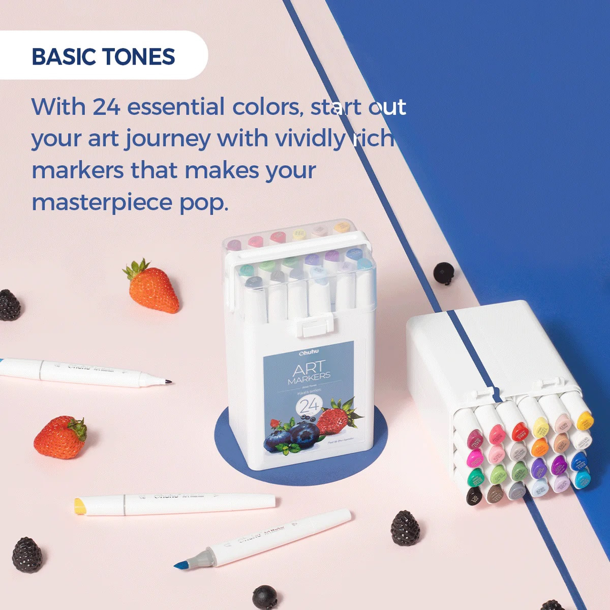 OHUHU Kaala Alcohol Art Markers Σετ Μαρκαδόρων 24 Βασικά Χρώματα Chisel & Fine - Image 2