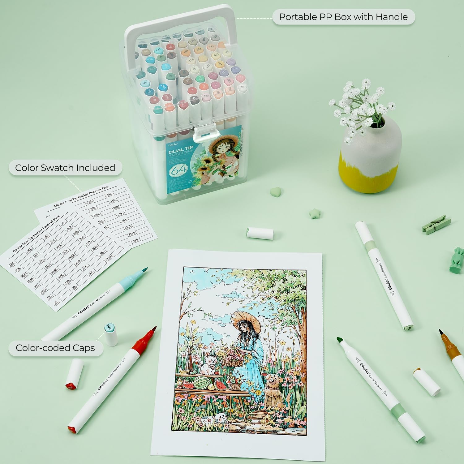 Ohuhu Water-based Coloring Markers Dual Σετ 64 Χρώματα Brush & Chisel - Image 6