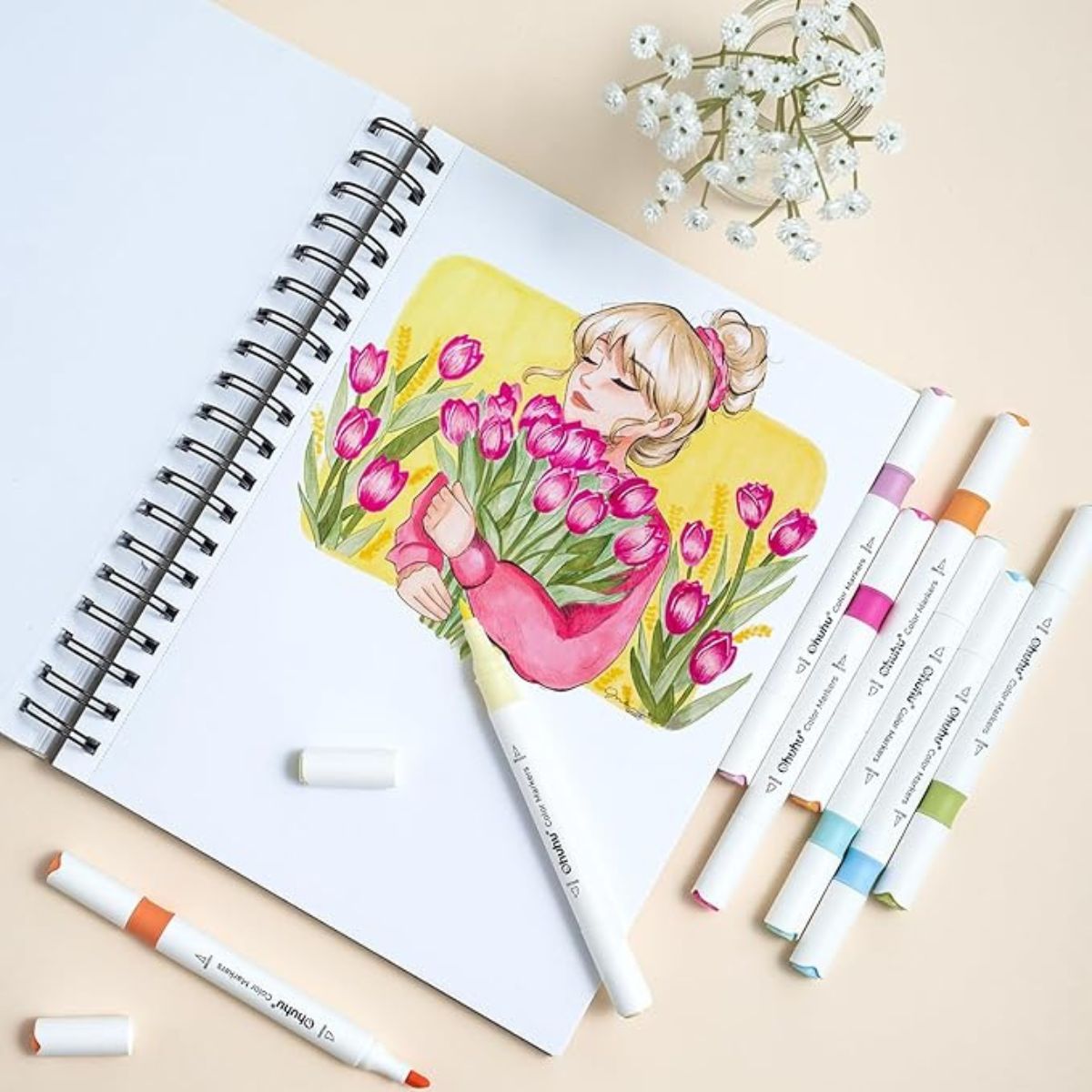 Ohuhu Water-based Coloring Markers Dual Σετ 64 Χρώματα Brush & Chisel - Image 7