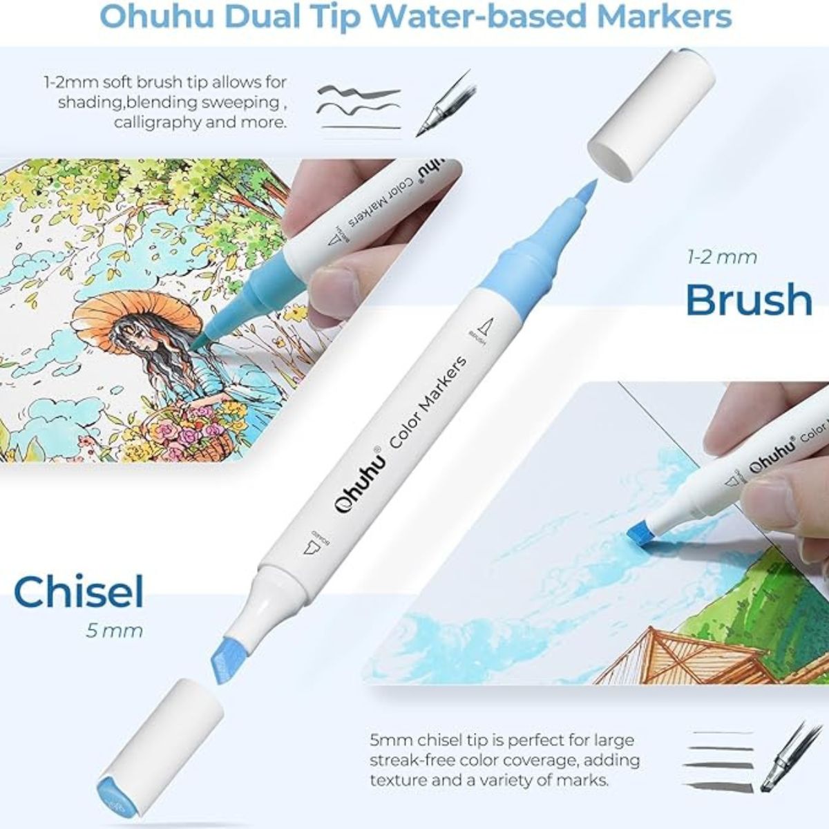 Ohuhu Water-based Coloring Markers Dual Σετ 64 Χρώματα Brush & Chisel - Image 5